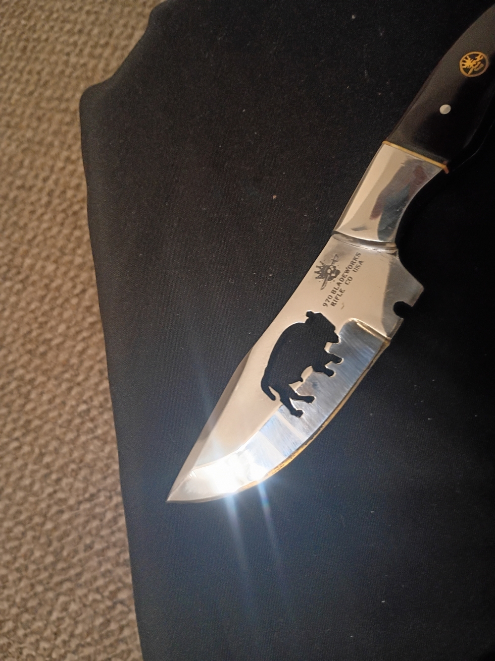 Buffalo Engraved Stainless Hunting Knife - Black Handle